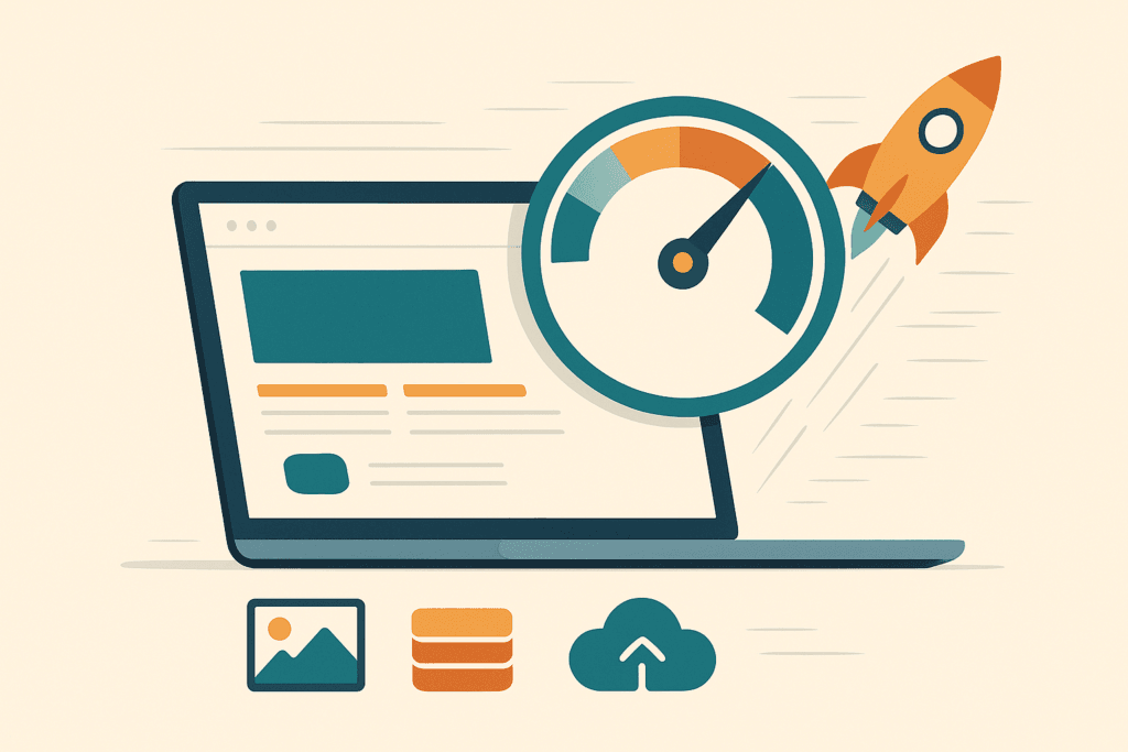 Sitio WordPress optimizado cargando rápido, con un velocímetro marcando alta velocidad