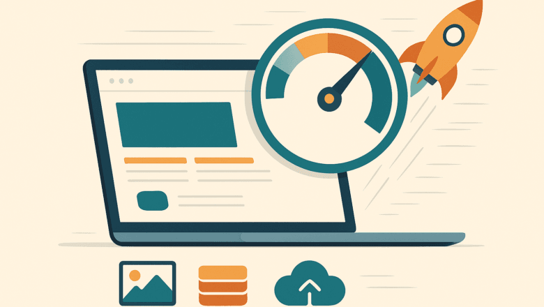 Sitio WordPress optimizado cargando rápido, con un velocímetro marcando alta velocidad